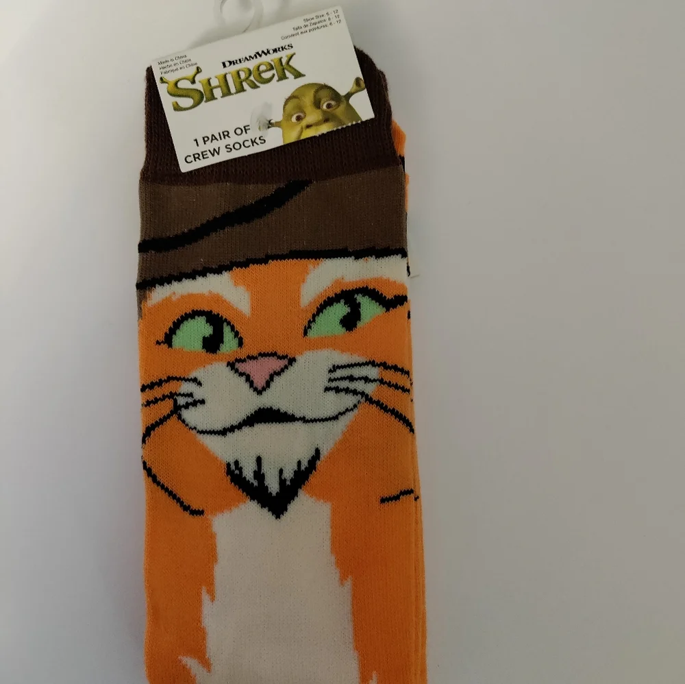 Puss in Boots Cat Shrek DreamWorks Character Socks - Orange and Brown 6-12 .